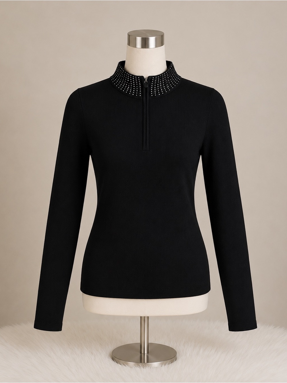 SALE 3/$20 Black Stud-Trim Half-Zip Sweater Top